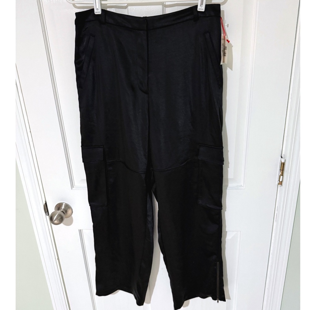 Open Edit Women Black Satin Cargo Pants‎ Ankle Zip ED489014MI Size 12 NWT